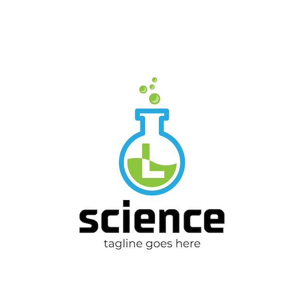 Vidraria e moléculas de modelo de logotipo L de laboratório de química isoladas em fundo branco