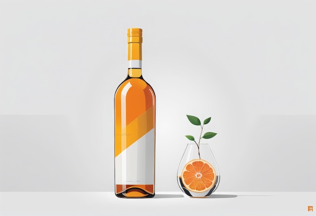 Vetor vidro com garrafa de suco de laranja em um fundo branco 3d renderização de vidro com uma garrafa de oran