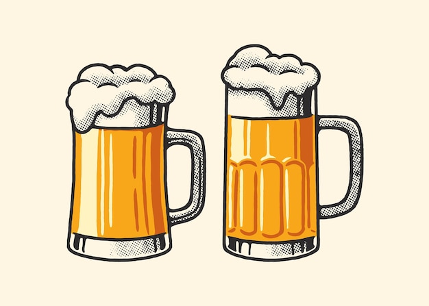 Vidro de cerveja desenhado à mão com efeito de meio tom