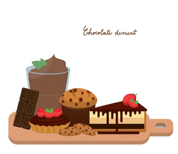 Vidro de ilustração vetorial de smoothie de chocolate e sobremesa de chocolate na tábua de madeira