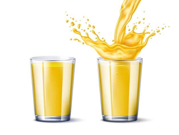 Vidro de respingo de suco de laranja Copo de vidro cheio realista com bebida de frutas jato de respingo abstrato e gotas voadoras manga tropical líquido brilhante fresco em movimento dinâmico 3d conjunto de vetores absolutos