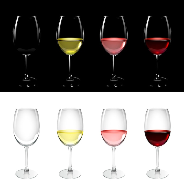 Vidro de vinho com vinho rosa branco e vinho vermelho