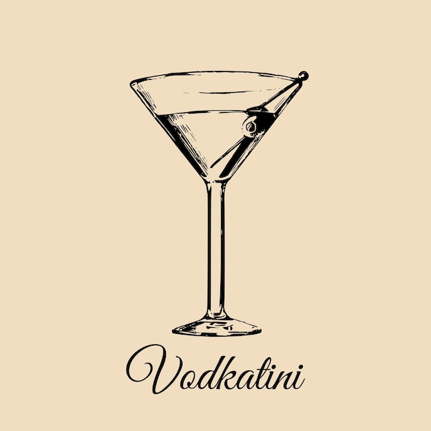 Vidro de vodkatini isolado esboço desenhado à mão de coquetel tradicional com azeitona para design de menu de restaurante bar café