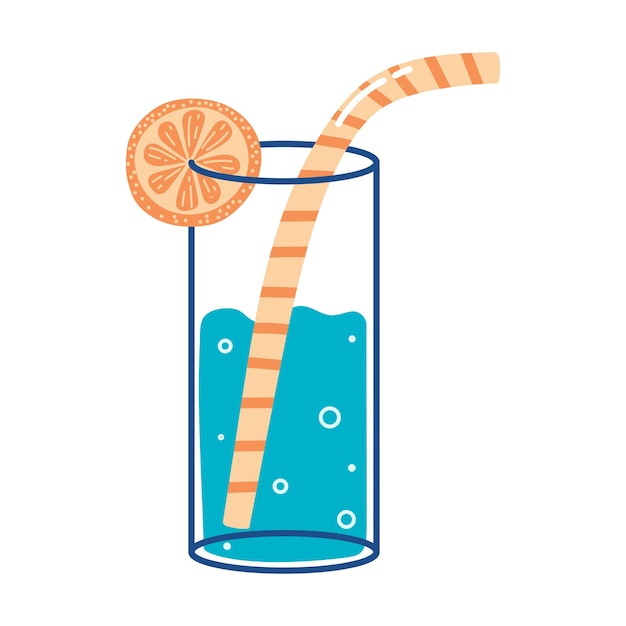 Vetor vidro desenhado à mão com palha de água e fatia de laranja conceito de hidratação beber mais água