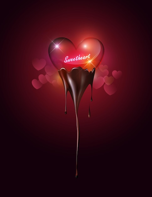Vidro transparente do coração mergulhando o chocolate derretido no fundo do bokeh do coração com o conceito de coração