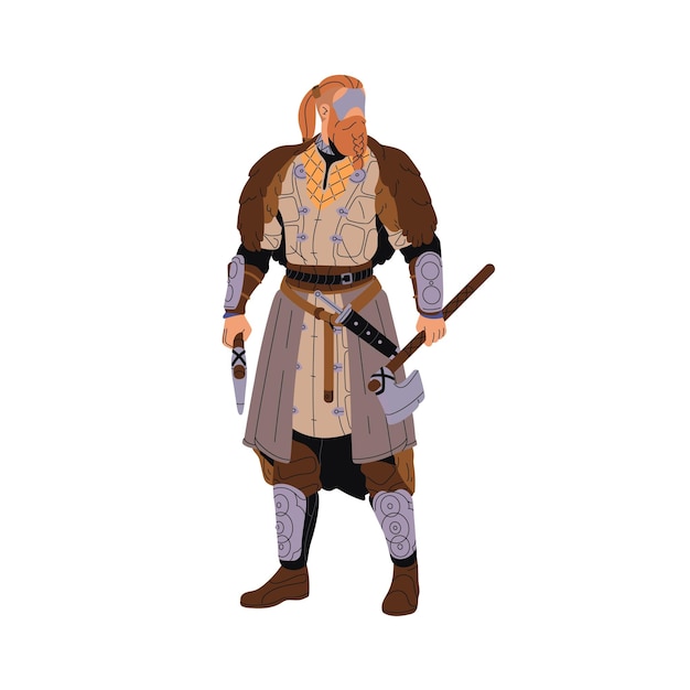 Viking em armadura segura arma Antigo bárbaro homem medieval com barba guerreiro nórdico com machado na mão soldado escandinavo em pele de animal Ilustração vetorial isolada plana em fundo branco
