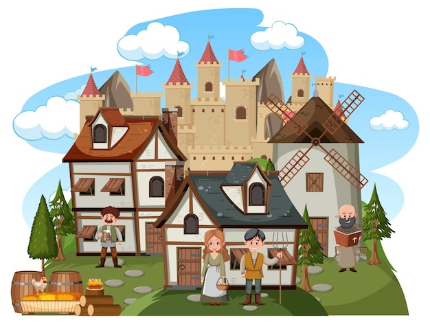 Vetor vila medieval com aldeões em fundo branco