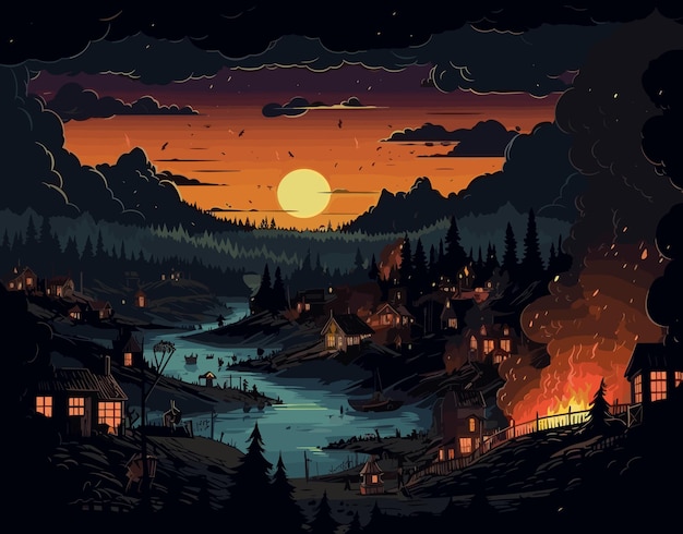 Vetor vila noturna com céu ardente
