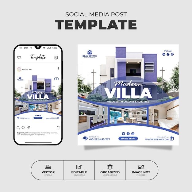 Villa para venda de mídia social instagram post e modelo de banner para promoção