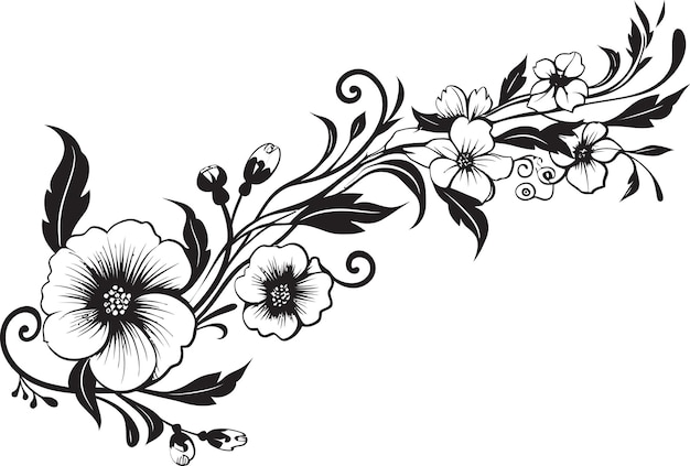 Vetor vinhas intrincadas desenhadas à mão logotipo preto design sketchy blooms floral vector emblem em preto
