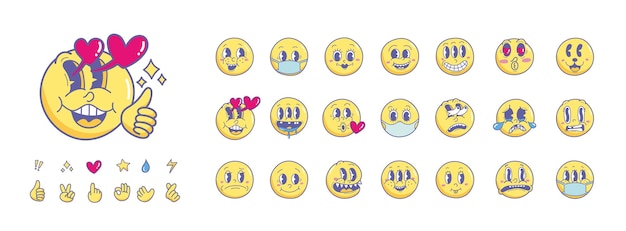 Vintage 30s 40s 50s desenhos animados e expressões faciais em quadrinhos emoji olhos e boca expressivos