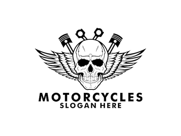 Vintage de motocicleta com conceito de logotipo de caveira e asa em vetor isolado de cores preto e branco