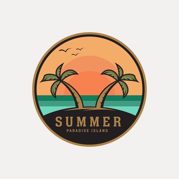 Vintage de vetor de logotipo de verão com design de modelo de ilustração de emblema, ilha paradisíaca, oceano, sol