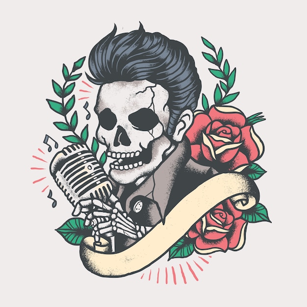 Vintage do tatuagem do músico do crânio de Elvis