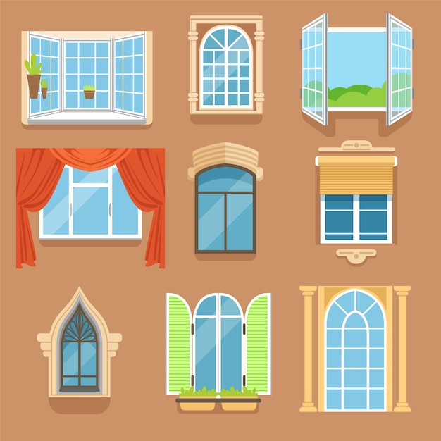 Vetor vintage e janelas modernas definidas em diferentes estilos e formas.