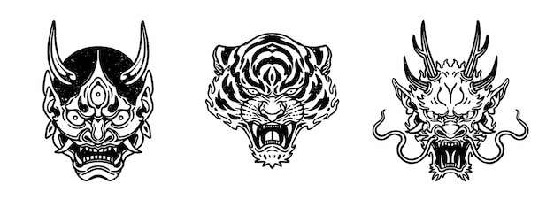Vintage Oni Tiger Dragon Isolado Ilustração Vetorial, Clipart