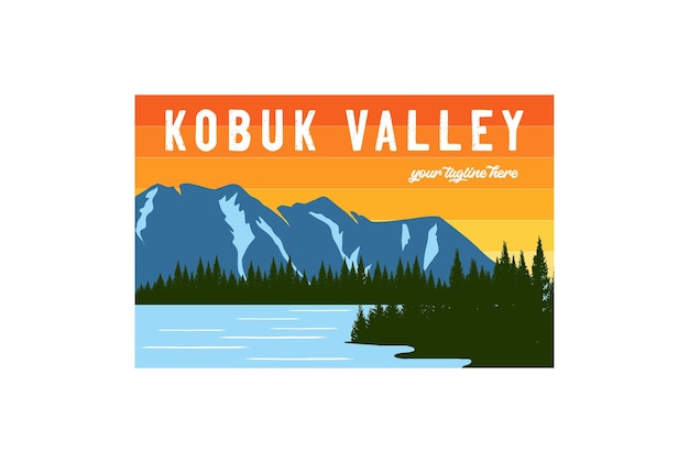 Vetor vintage retro american mountain pine forest kobuk valley river lake national park para aventura ao ar livre t shirt logo illustration