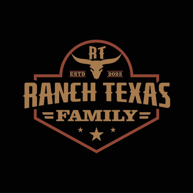 Vintage retrô rancho família do texas longhorn western state touro vaca letra rt rótulo vintage logo design emblema vetor