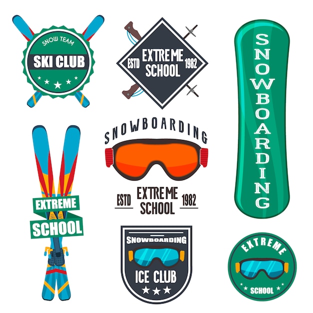 Vintage snowboard ou emblemas de esportes de inverno.