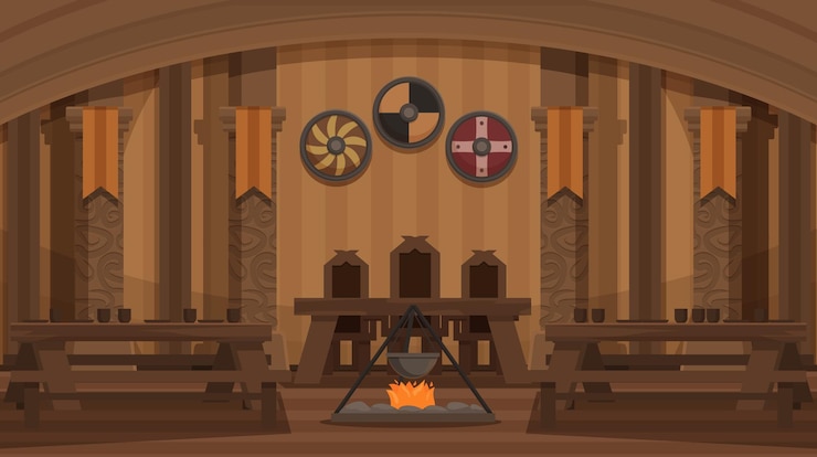 Vetor vintage viking hall com ilustração vetorial de lareira e mesas