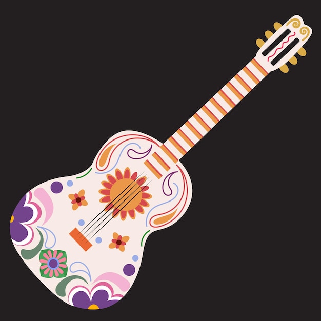 Violão. dia dos mortos no méxico. ilustração vetorial. coleção de caveiras, maracas, guitarra, ossos