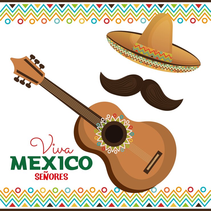 Vetor violão e chapéu com bigode viva méxico