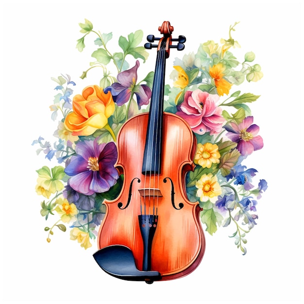 Violino com tinta aquarela de flores