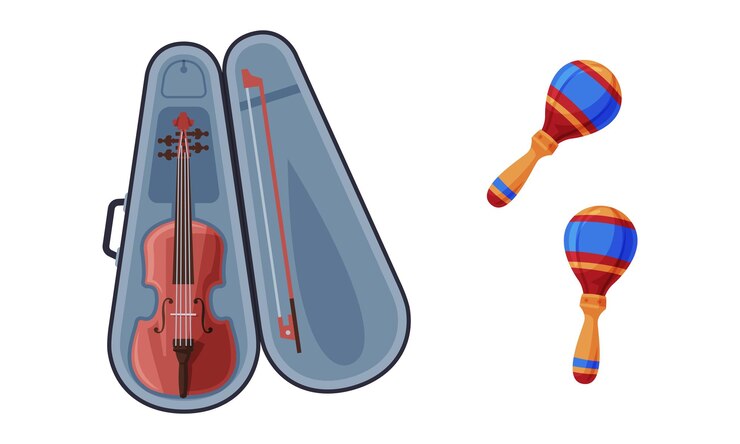 Vetor violino em caixa e maraca como conjunto vetorial de instrumentos musicais