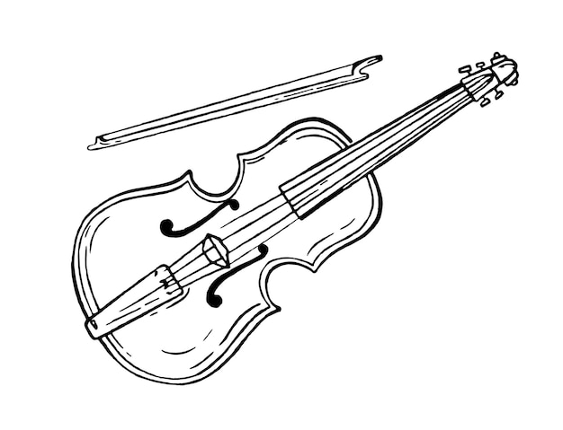 Violoncelo violino estilo de instrumento musical desenhado à mão vetor preto e branco doodle