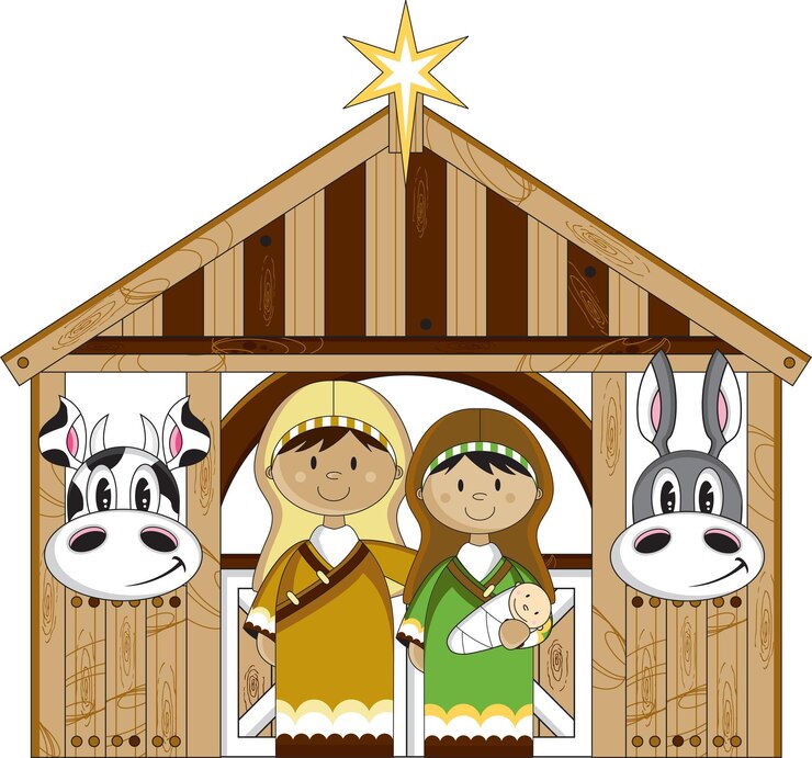 Vetor virgem maria e josé dos desenhos animados com o bebê jesus cristo e ilustração bíblica dos animais