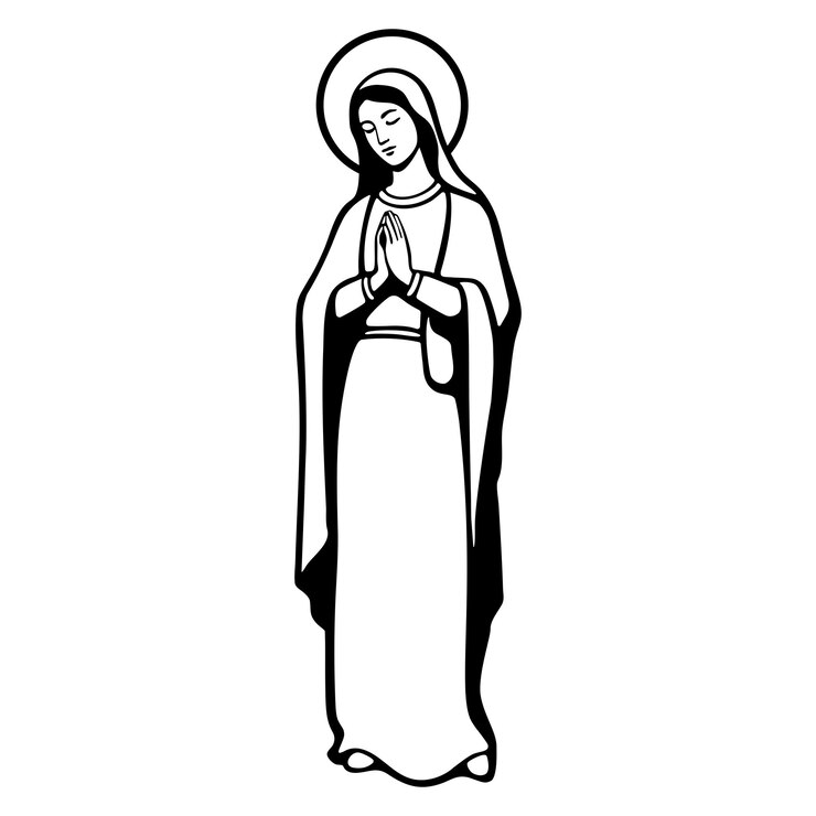 Vetor virgem maria orando com as mãos dobradas e halo clip art monocromático