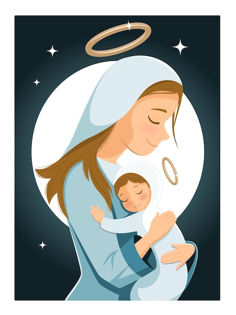 Vetor virgem maria segurando a cena de natal da noite de jesus recém-nascido