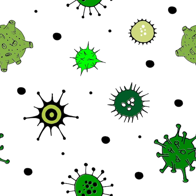 Vírus e bactérias rabiscam o padrão verde. Pano de fundo perfeito. Microbiologia vetor células bacterianas em fundo transparente.