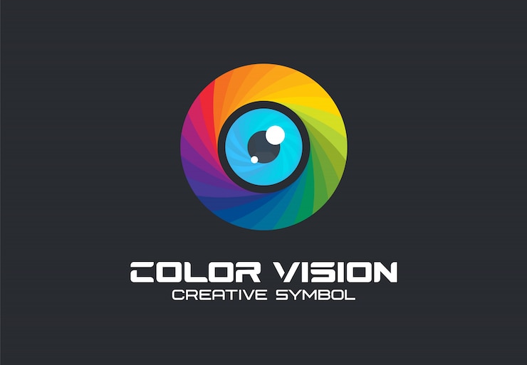Vetor visão de cor, conceito de símbolo criativo de olho de câmera. a tecnologia digital, segurança, protege a ideia abstrata de logotipo de negócios. ícone do espectro do arco-íris