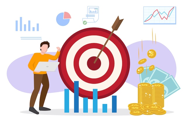 Visão de negócios Grandes objetivos com a ideia de melhorar a qualidade dos empresários que estão sempre se adaptando a coisas novas Vetor de ilustração de desenho animado estilo plano