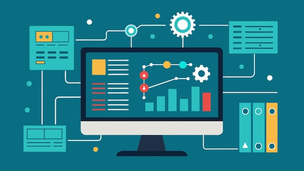 Vetor visão detalhada de uma tela de computador com algoritmos complexos e visualizações de dados mostrando o