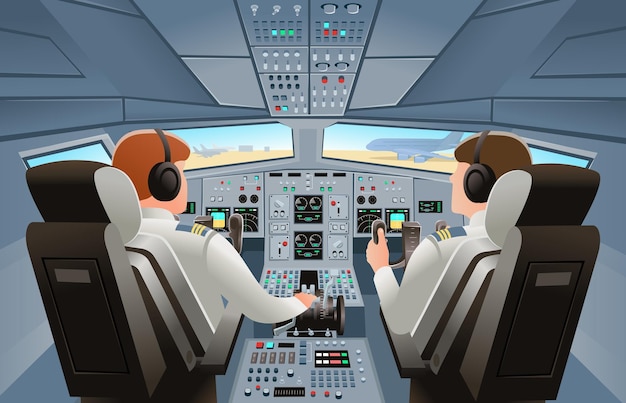 Visão do cockpit do avião com controle do painel de botões do painel e cadeira do piloto com pilotos