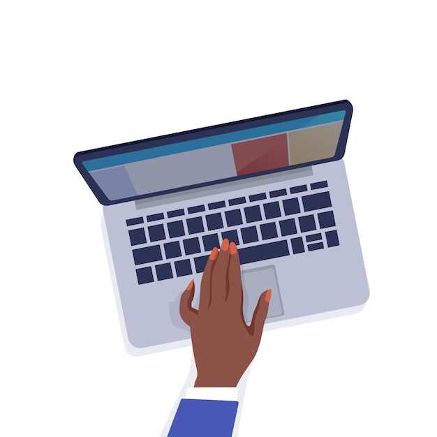 Visão superior da mesa Mão feminina e portátil Personagem de desenho animado trabalhando com computador Dispositivo na mesa Braço feminino Trabalhador de escritório digitando com teclado Tecnologia de PC Tablet digital vetorial