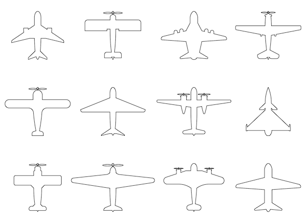 Visão superior do conjunto de ícones do plano de linha ilustração vetorial isolada em branco