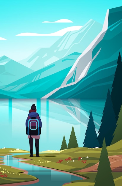 visão traseira do turista com mochila viaja ao longo das montanhas e apreciando a vista sobre a bela paisagem da natureza viajando conceito de caminhada ilustração vetorial vertical