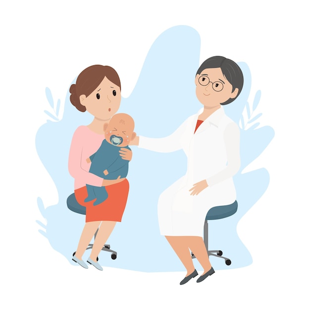 Visita ao pediatra chorando bebê e mãe exame médico menina triste em consulta médica vetor