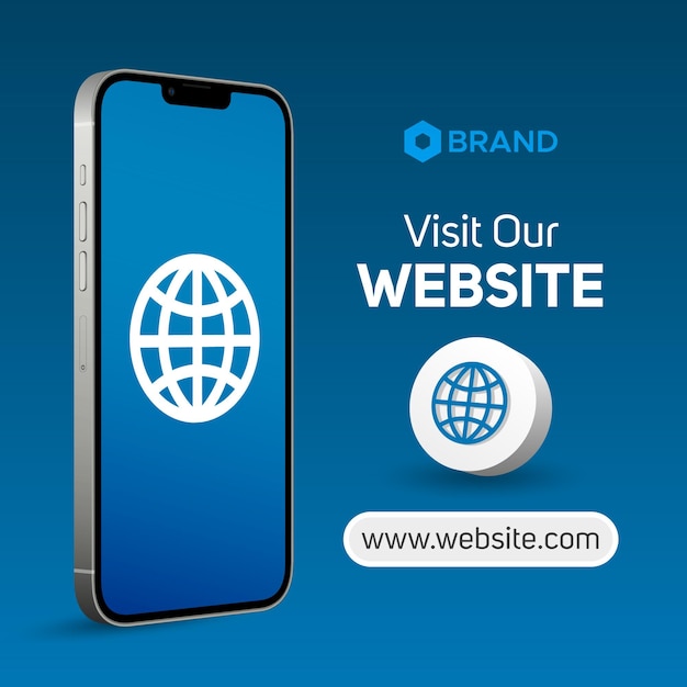 Visite nosso site 3d ilustração logotipo smartphone tela maquete banner post de mídia social