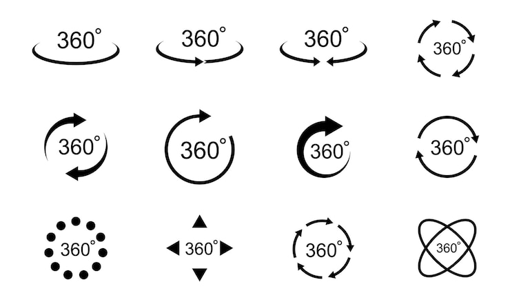 Vetor visões de 360 graus sinais com setas para indicar a rotação ou panoramas a 360 graus ilustração vetorial