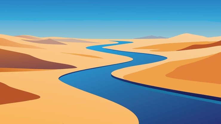 Vetor vista aérea mostrando um rio serpenteando através de extensas dunas de areia sob um céu azul claro ilustração vetorial plana