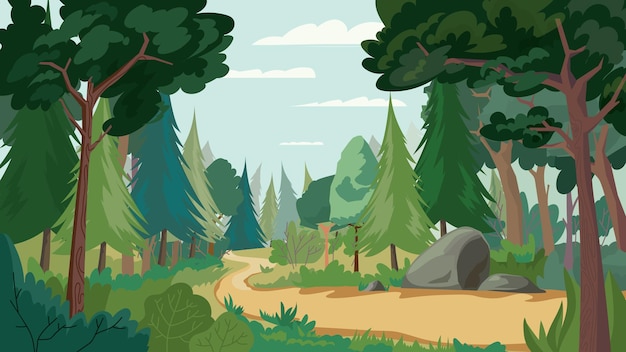 Vista da floresta densa verde, banner no projeto liso dos desenhos animados. cenário com diferentes tipos de árvores, arbustos e plantas, caminho. paisagem florestal panorâmica da vida selvagem. ilustração em vetor de fundo da web