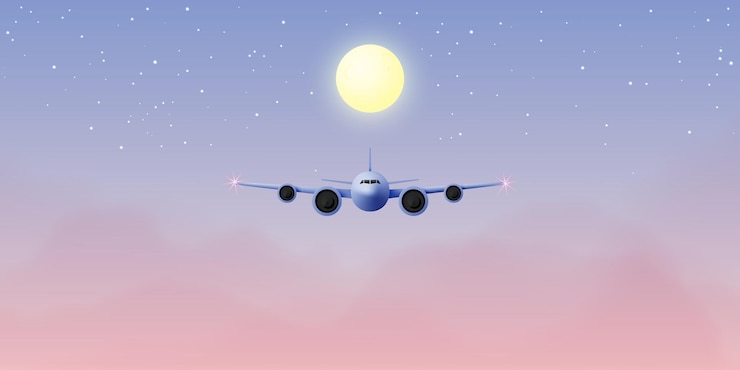 Vetor vista da janela do avião com um lindo céu noturno e ilustração do fundo das estrelas