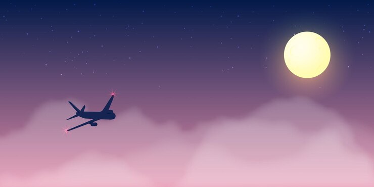 Vetor vista da janela do avião com um lindo céu noturno e ilustração do fundo das estrelas
