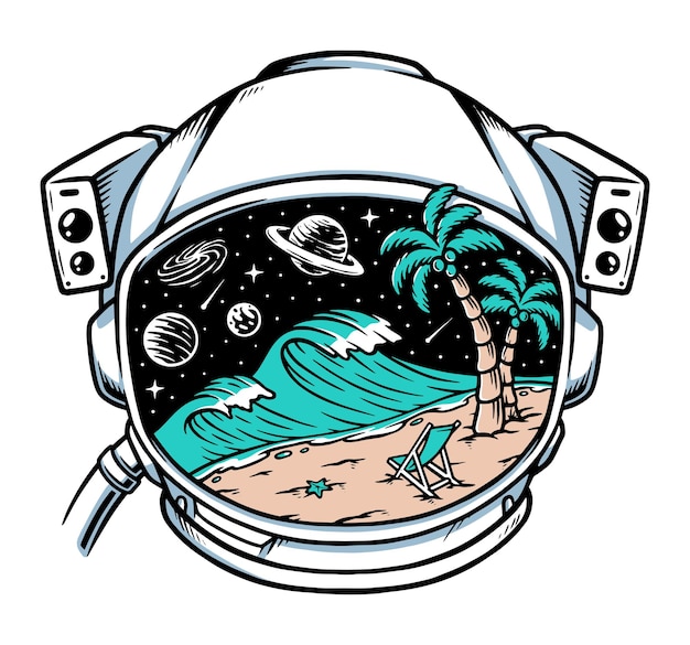 Vista da praia com capacete de astronauta