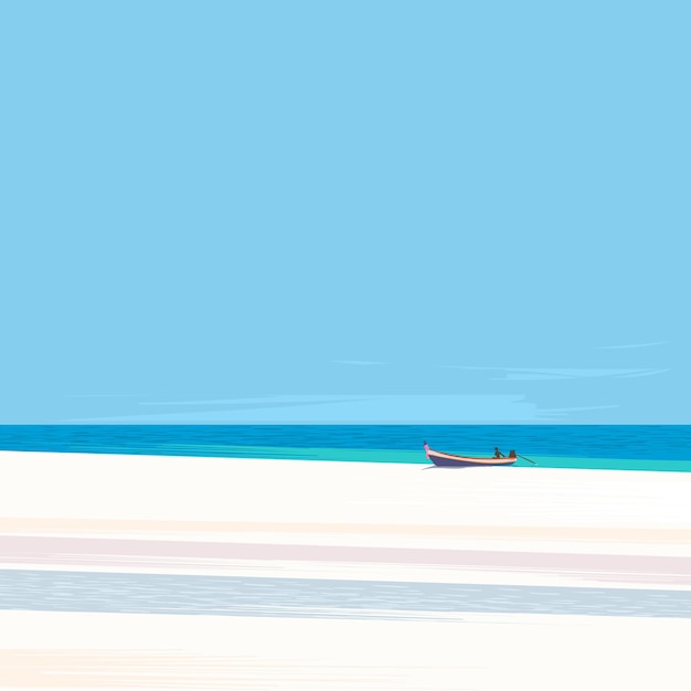 Vista da praia com céu azul, areia branca e ilustração vetorial de barco de pesca