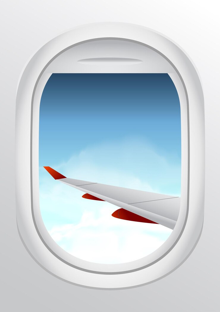Vetor vista de avião com asa de avião belos céus de janela de avião